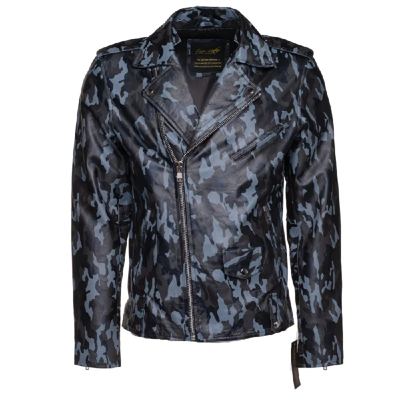 ladies' puffer jacket -Aman Dowling's Blue Camouflage biker style jacket