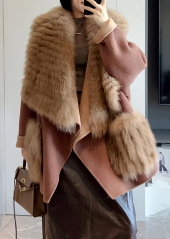 ladies' fur-lined jacket -Fashion Camel Fur Collar Patchwork Long Woolen Coats Winter