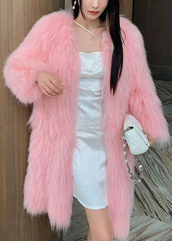 warm alpaca wool coat for ladies -Style Pink V Neck Mink Hair Leather And Fur Long Coats Winter