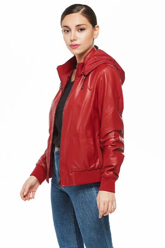 sophisticated evening coat for women -Alison Red Bomber Leather Jacket with Hood For Women