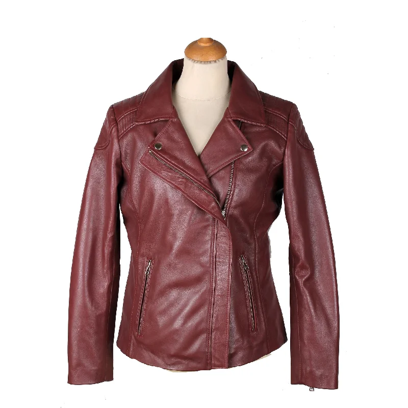 ladies' soft knit cardigan coat -Ayla’s Women’s Burgundy Biker Style Jacket With Double Lapels