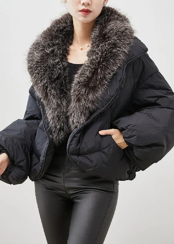 classic camel coat for ladies -Women Black Rabbit Hair Collar Warm Duck Down Puffer Jacket Winter