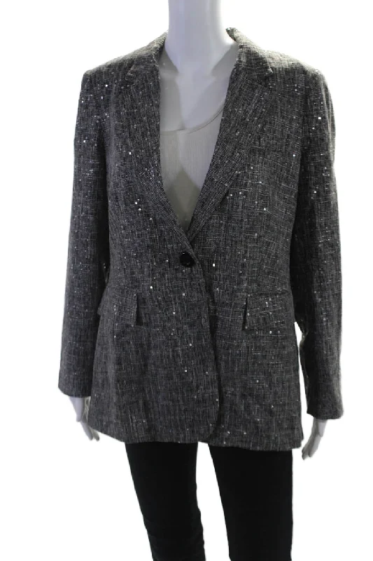 cropped wool blazer for women -Insight Womens Holiday Sparkle Sequined Blazer Jacket Black White