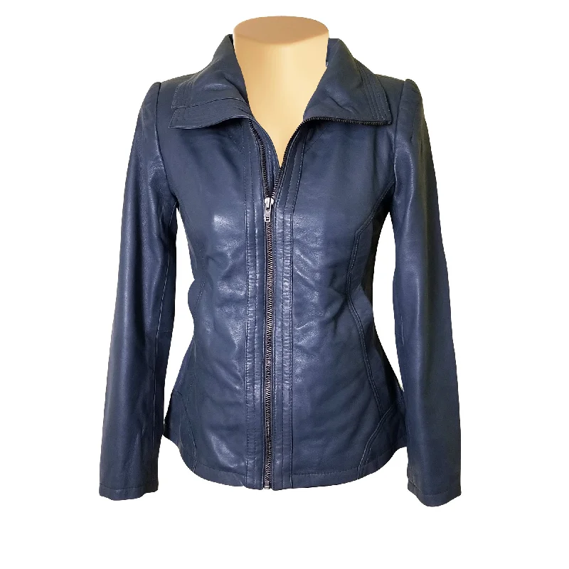 sporty track jacket for women -Marva Grey Leather Jacket With Flap Collars