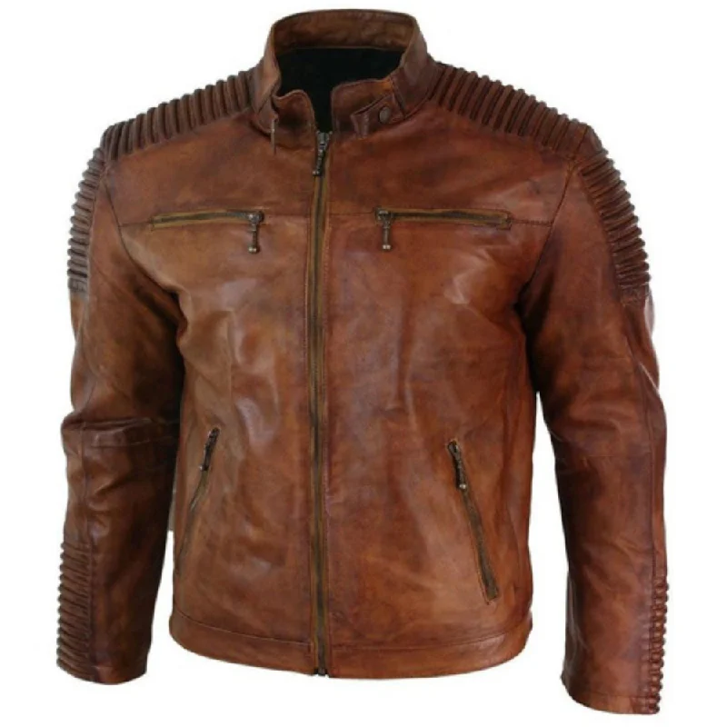 sleek minimalist coat for women -Cafe racer distressed jacket with piping