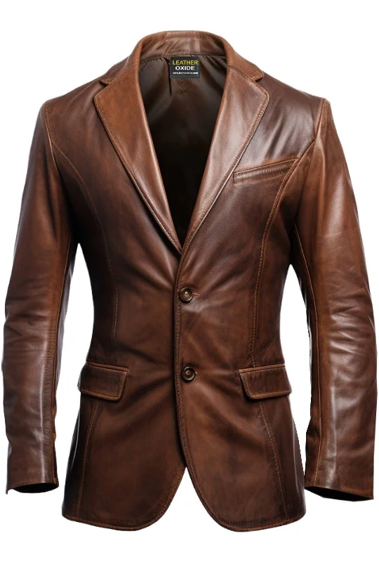 women's relaxed boyfriend blazer -Men Stylish Distressed Brown Leather Blazer