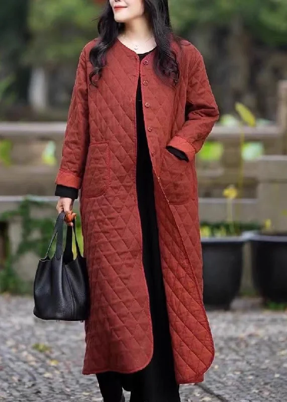 oversized women's coat -Plus Size Red O Neck Pockets Fine Cotton Filled Coat In Winter