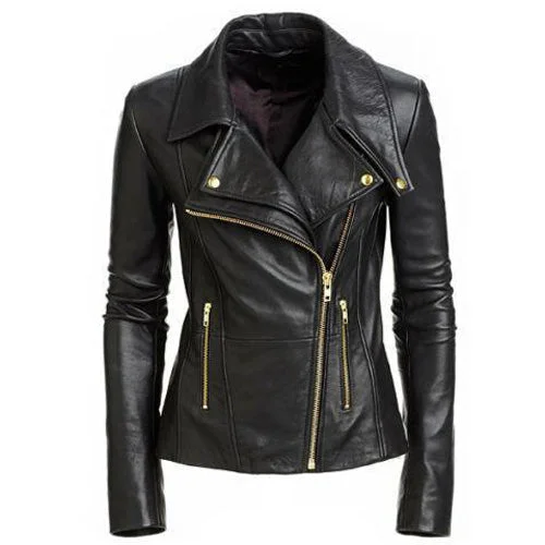 women's classic pea coat -Hailey Biker Jacket with Double lapels