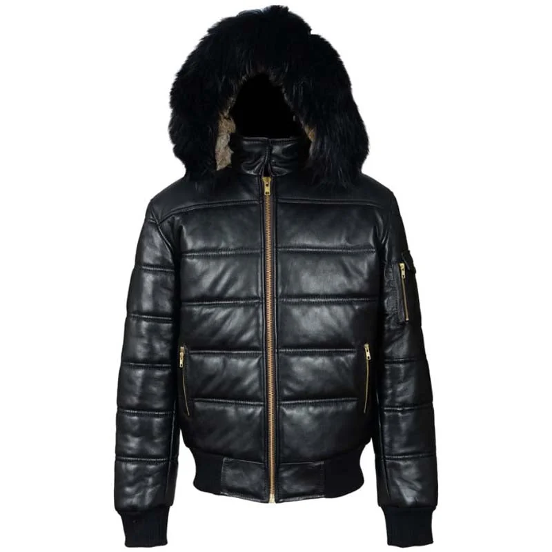 women's cropped bomber jacket -Ash Black Hooded Puffer Leather Jacket With Fur Trim