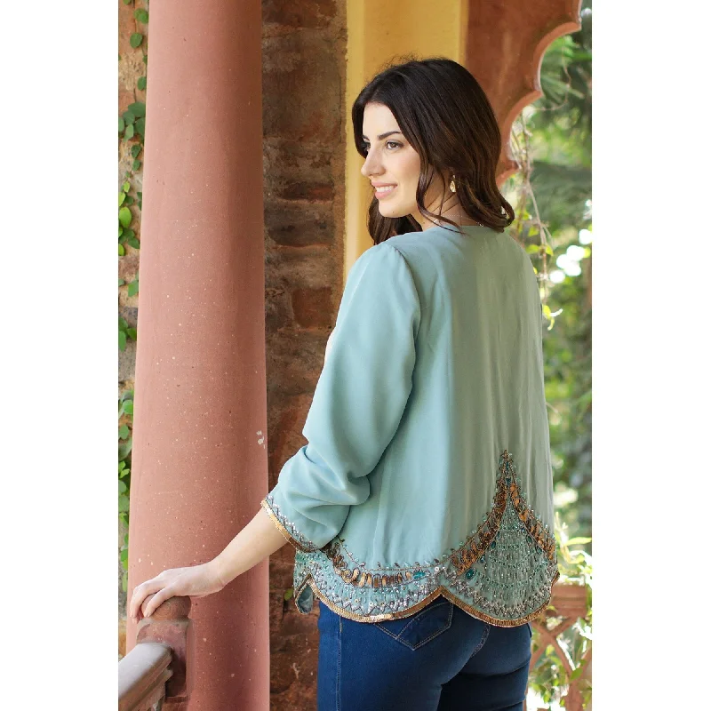 women's travel-friendly jacket -Novica Handmade Glitz And Glamour In Aqua Beaded Jacket