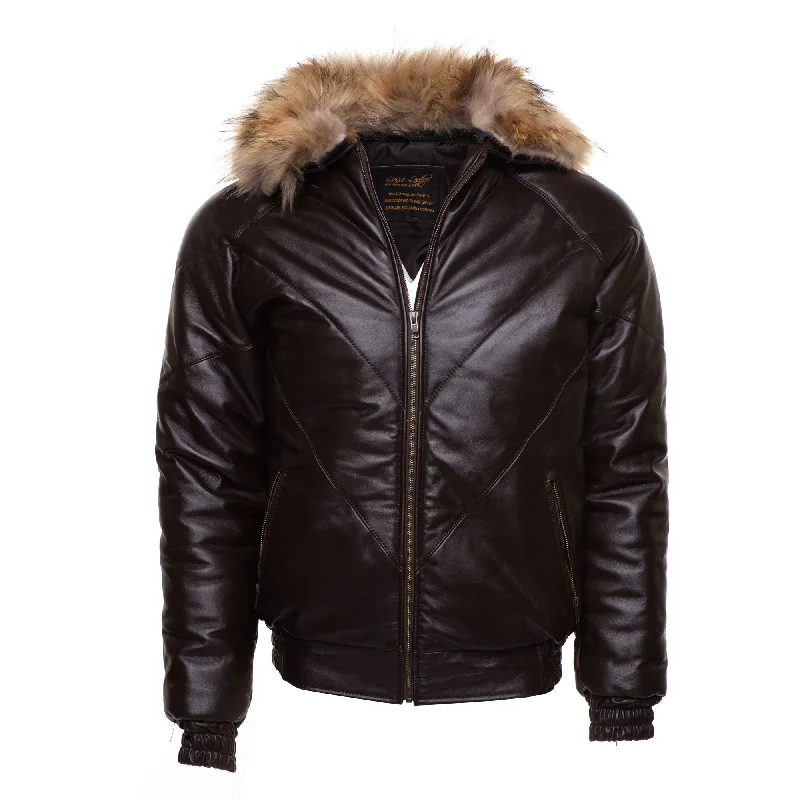 winter parka for women -Brown V-Bomber style Puffer Winter Leather Jacket with fur collar