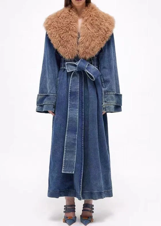 casual linen jacket for women -French Blue Fur Collar Tie Waist Denim Long Coats Winter