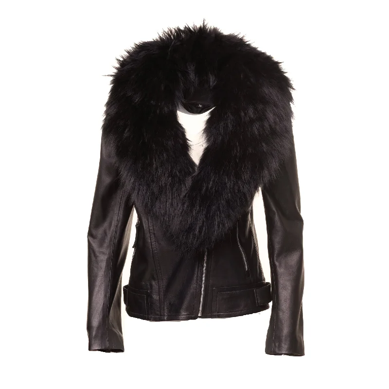 women's casual denim jacket -Women’s Leather Jacket With Large Black Fur Shawl