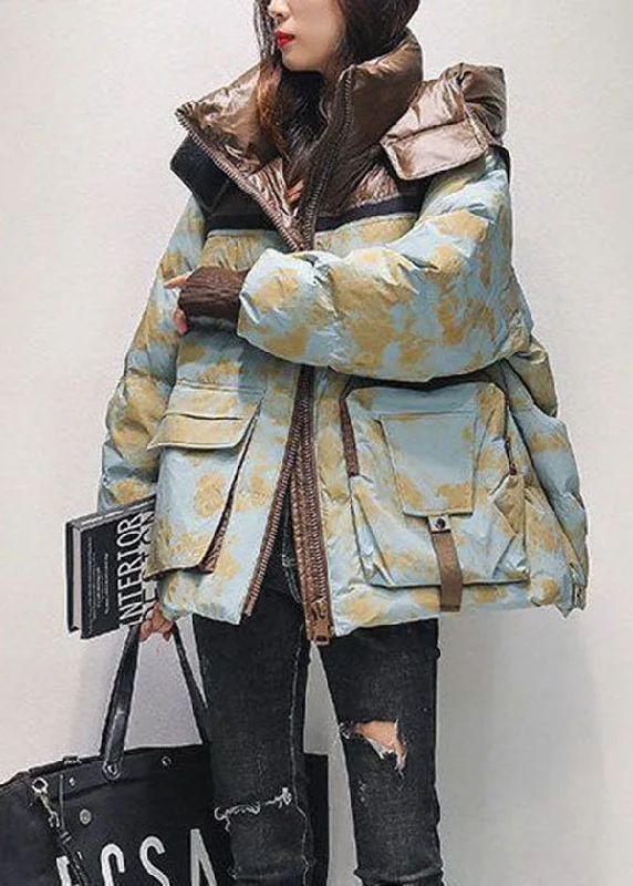 warm padded coat for women -French Light Blue Hooded Patchwork Camouflage Duck Down Down Coat Winter