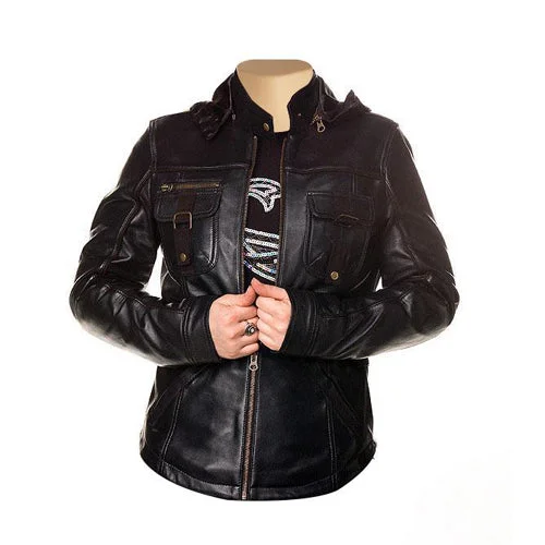 warm padded coat for women -Womens Tracy Leather Jacket With Neck Belt