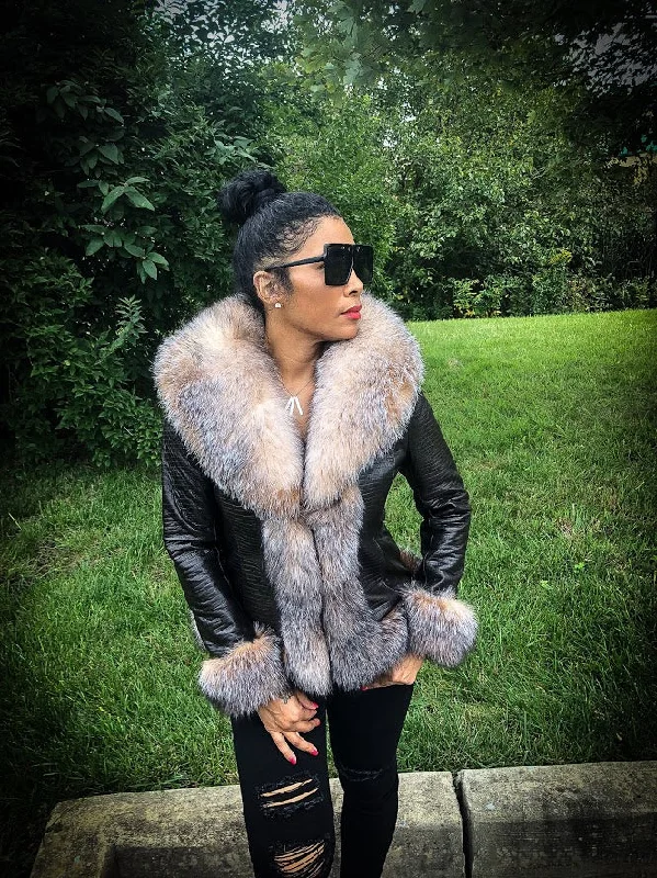 women's long trench coat -Women's Leather Jacket With Crystal Fox Fur Trimming Style #1036