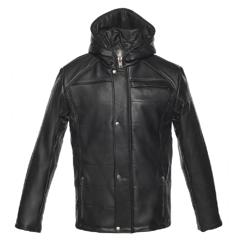 waterproof windproof raincoat for women -Jules black Buttoned up hooded leather jacket