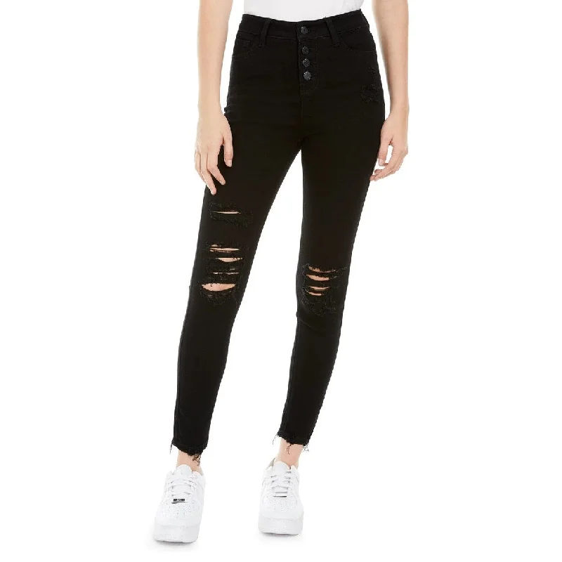 cropped kick-flare jeans for women -Vanilla Star Junior's Ripped Button Fly Jeans Black Size 9