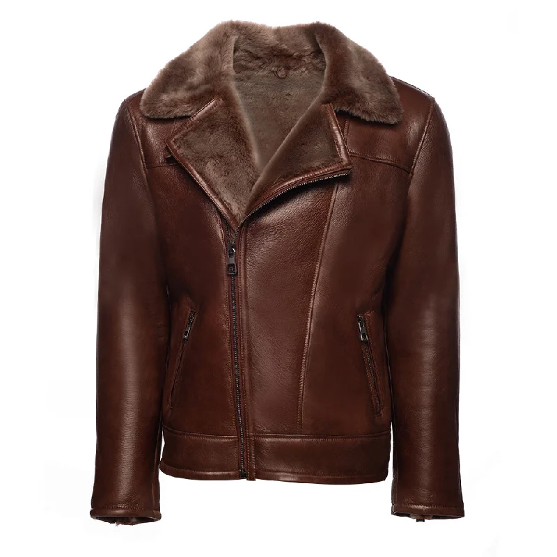 classic women's wool coat -Carters Mateo Brown Biker bomber shearling jacket with lapels