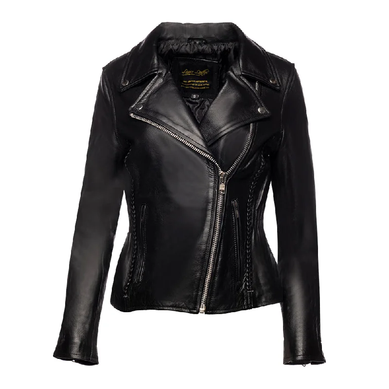 women's slim fit blazer -Anna Biker Heavy Leather Jacket With Braiding