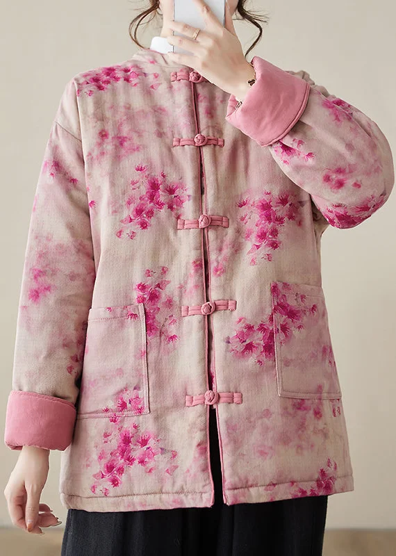 ladies' wool overcoat -Women Pink Print Button Pockets Cotton Filled Parkas Winter