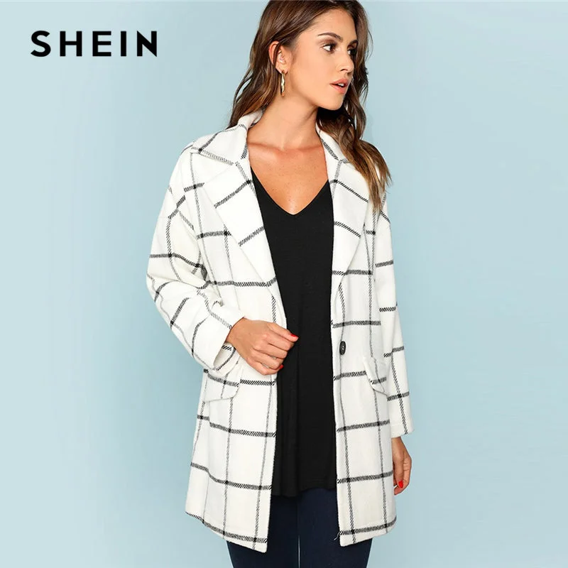 long elegant trench coat for women -White Single Button Waterfall Grid Coat