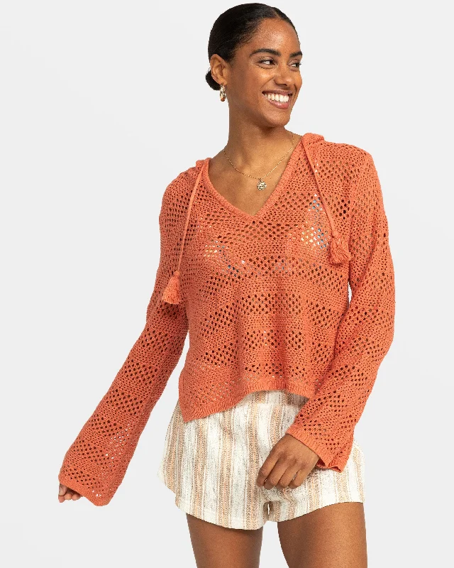 trendy drawstring hem top for ladies -After Beach Break Hooded Poncho Sweater - Apricot Brandy