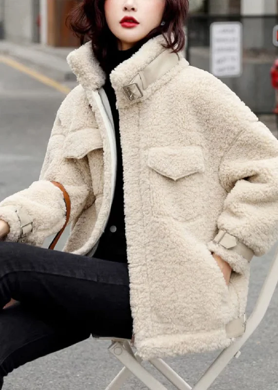 ladies' longline puffer coat -Beige Pockets Patchwork Teddy Faux Fur Coats Stand Collar Winter