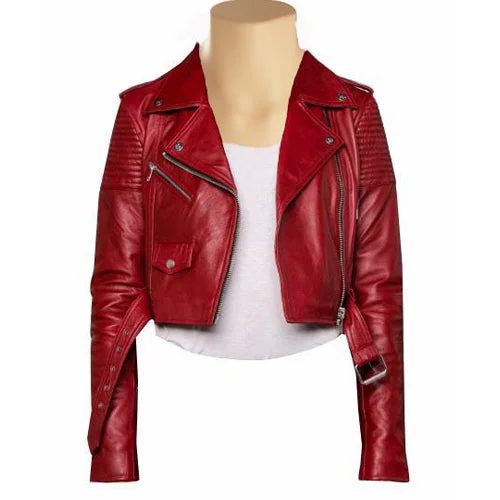 trendy plaid coat for women -Martyna’s Red Crop Biker Leather Jacket With Waist Belt