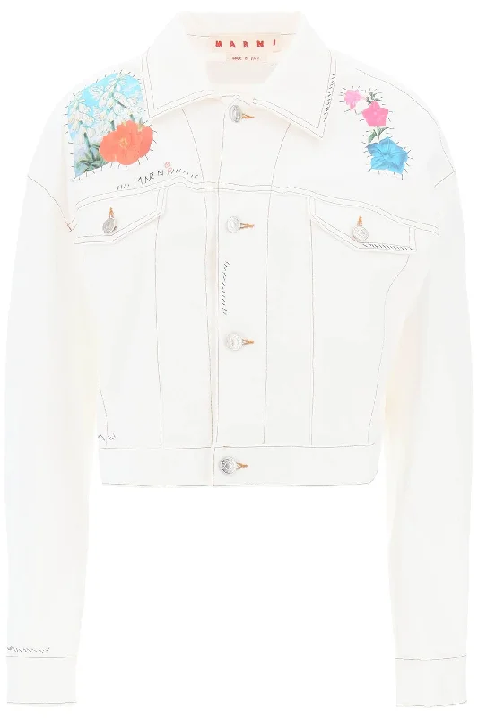 women's thermal long coat -Marni Women's "Cropped blue Jacket With Flower Patches And Embroidery"