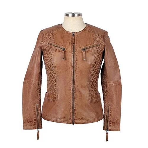 sleek satin bomber jacket for women -Womens Lotte Collarless Leather Jacket