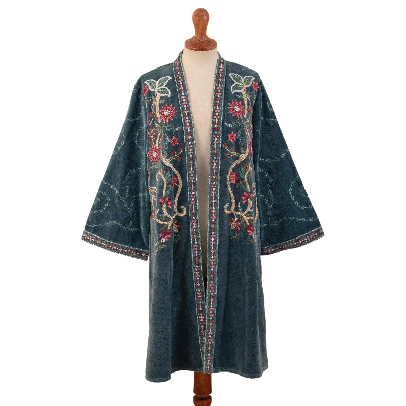 women's relaxed boyfriend blazer -Novica Handmade Blue Kashmiri Garden Cotton Velvet Kimono Jacket