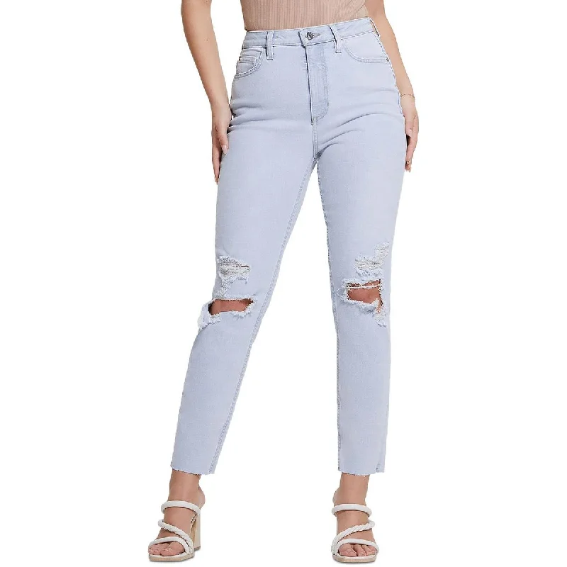 stylish front-slit jeans for women -Womens Destroyed High Rise Mom Jeans