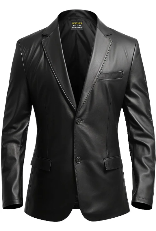 urban style cropped puffer jacket -Men Black leather Blazer