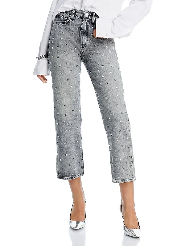 dark-wash tapered jeans for ladies -Le Jane Womens High Rise Studded Straight Leg Jeans