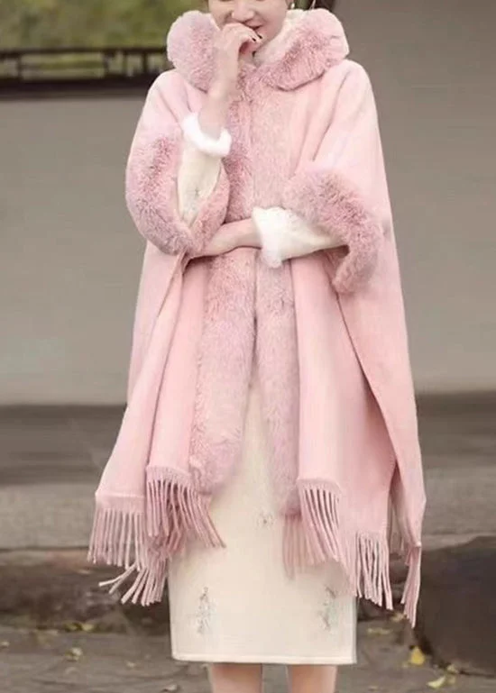 casual oversized shacket for women -Fashion Pink Fur Collar Tassel Hooded Woolen Coat Fall