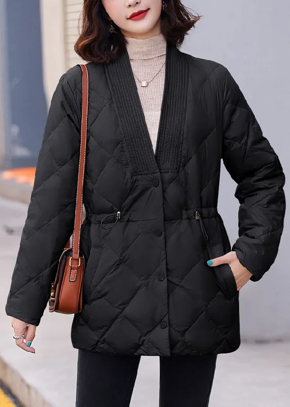 stylish houndstooth coat for women -Loose Black V Neck Button Drawstring Parka Winter