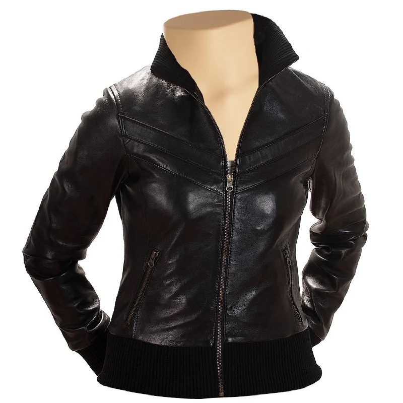 ladies' fur-lined jacket -Women’s Adele Black Leather Jacket With Ribbed Collar and Hem