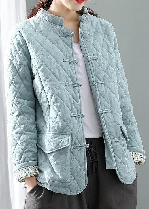 ladies' fur-lined jacket -Women Blue Stand Collar Plaid Button Thick Parka Winter