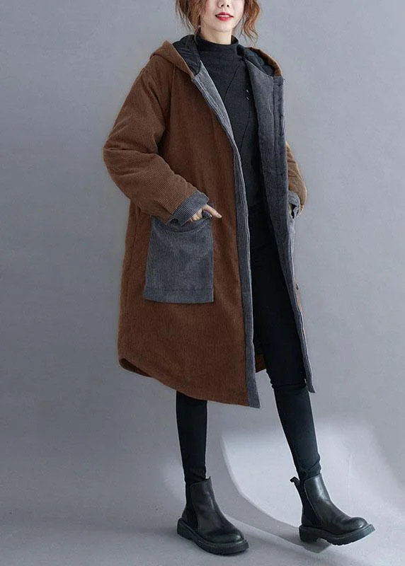 women's mid-length wool coat -Women Coffee hooded Pockets Winter Cotton Thick Long sleeve Coats