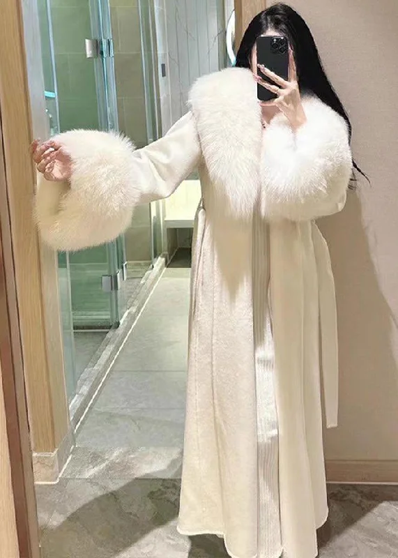 professional work blazer for women -Style White Tie Waist Fur Collar Patchwork Woolen Coats Winter