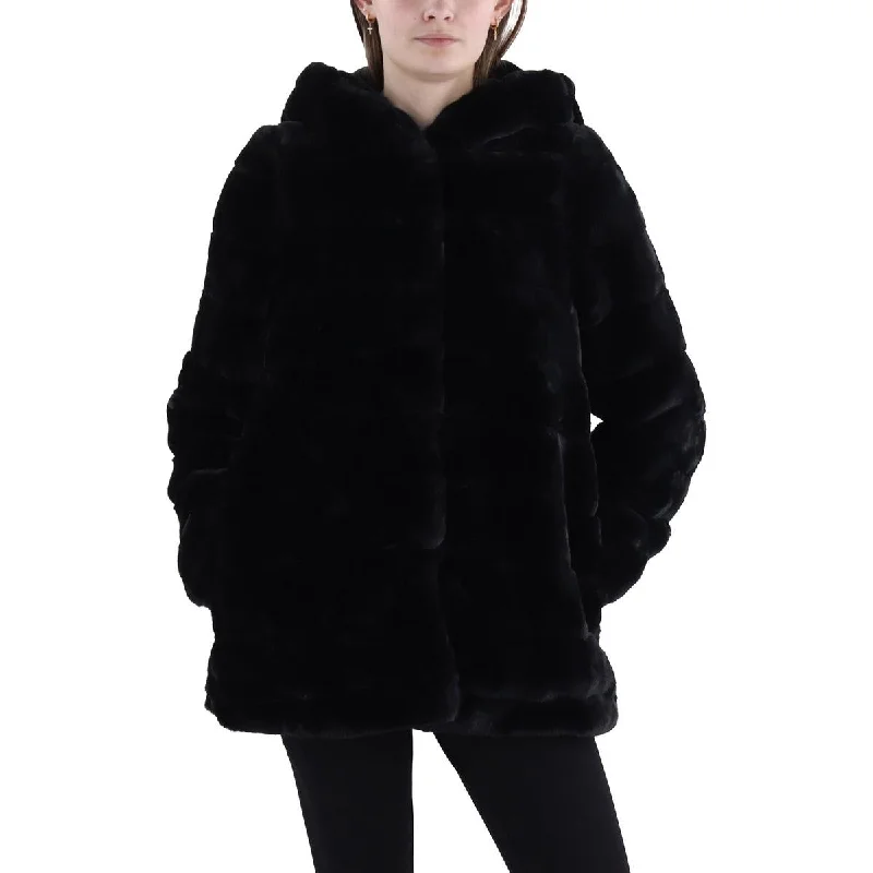 stylish longline coat for women -Womens Hooded Midi Faux Fur Coat