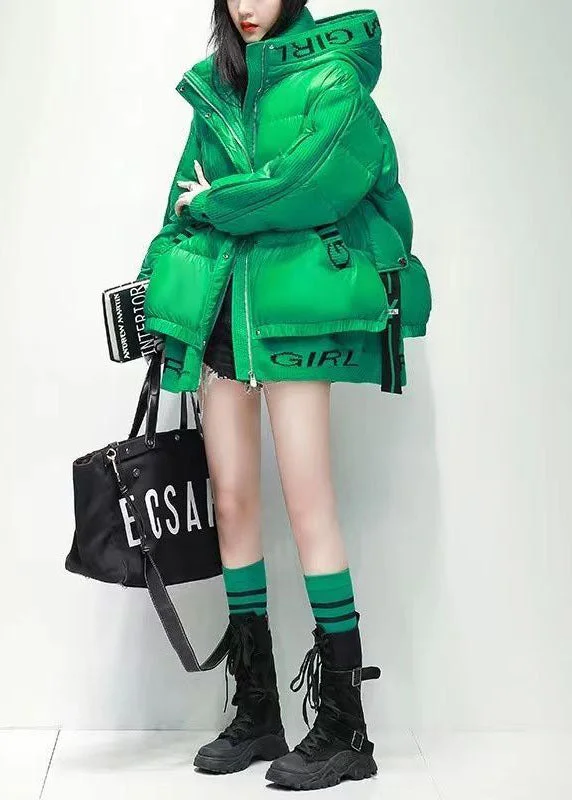 cozy oversized wrap coat for women -Stylish Green Hooded Patchwork Letter Print Thick Duck Down Down Coats Winter