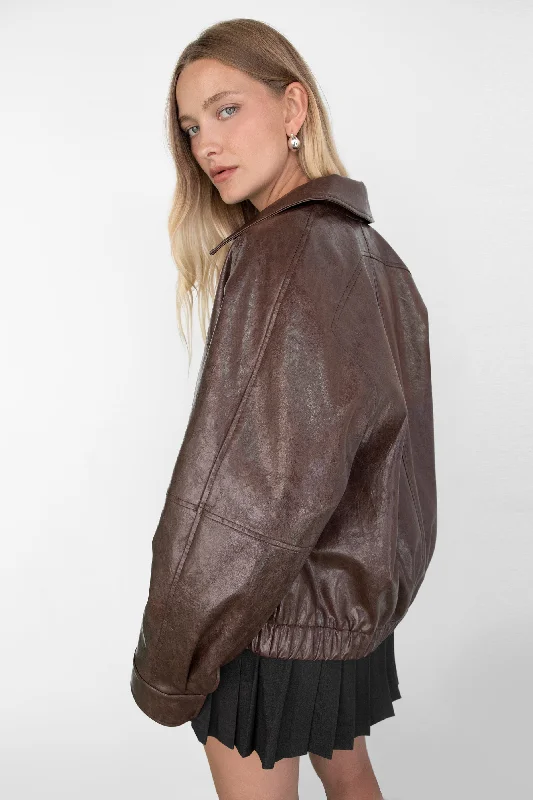 fitted wool blend coat for women -DISTRESSED VEGAN LEATHER BOMBER JACKET