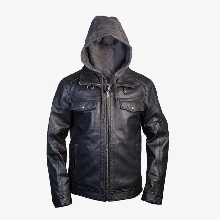 women's double-breasted coat -Leather Jacket With Hood