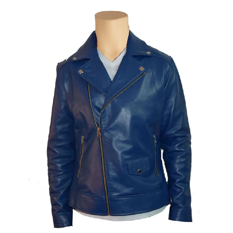 women's slim fit blazer -Blue biker style leather jacket