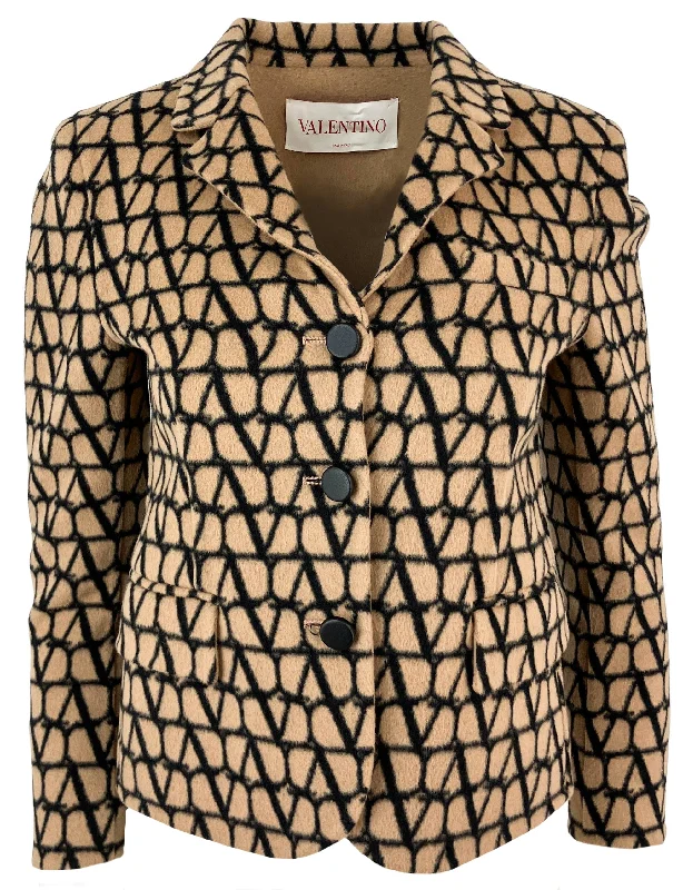 fashionable metallic puffer jacket for women -Valentino Double Coat Wool Blazer in Tan & Black