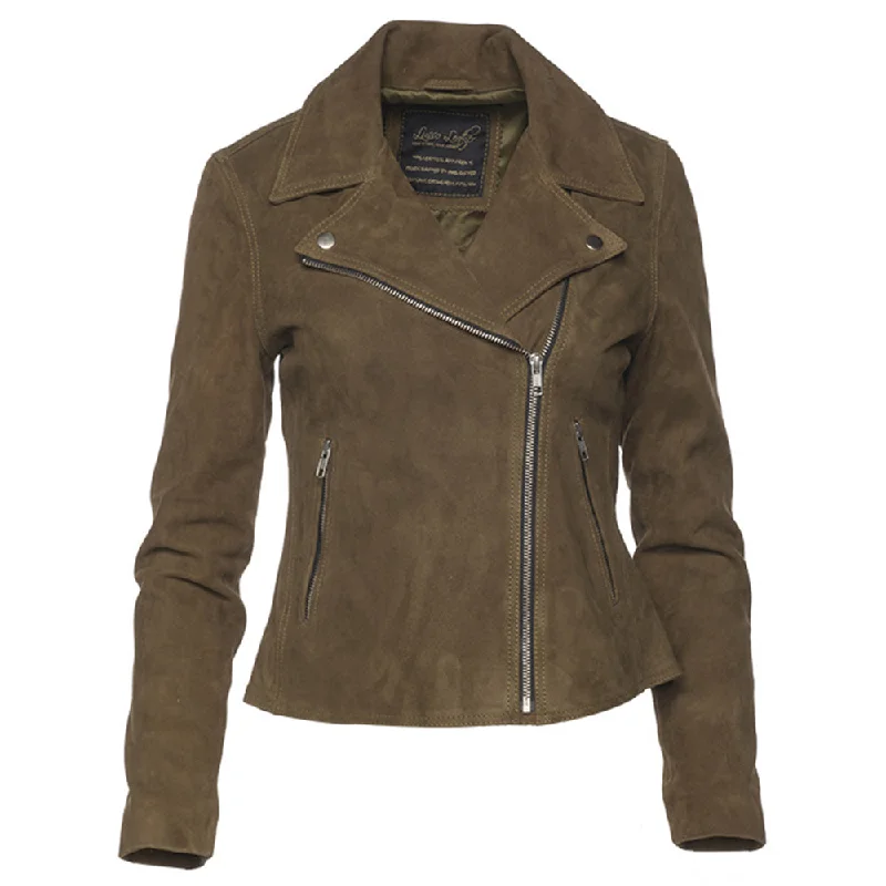 winter parka for women -Sandra Olive Green Suede Biker Jacket