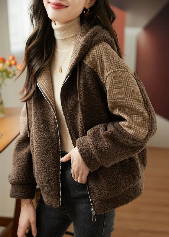 sleek minimalist coat for women -Loose Coffee Zippered Plaid Patchwork Faux Fur Hoodie Coat Fall