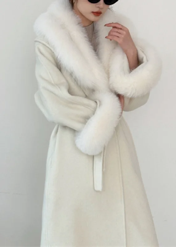 classic women's wool coat -Stylish Beige Fur Collar Tie Waist Long Woolen Coats Winter